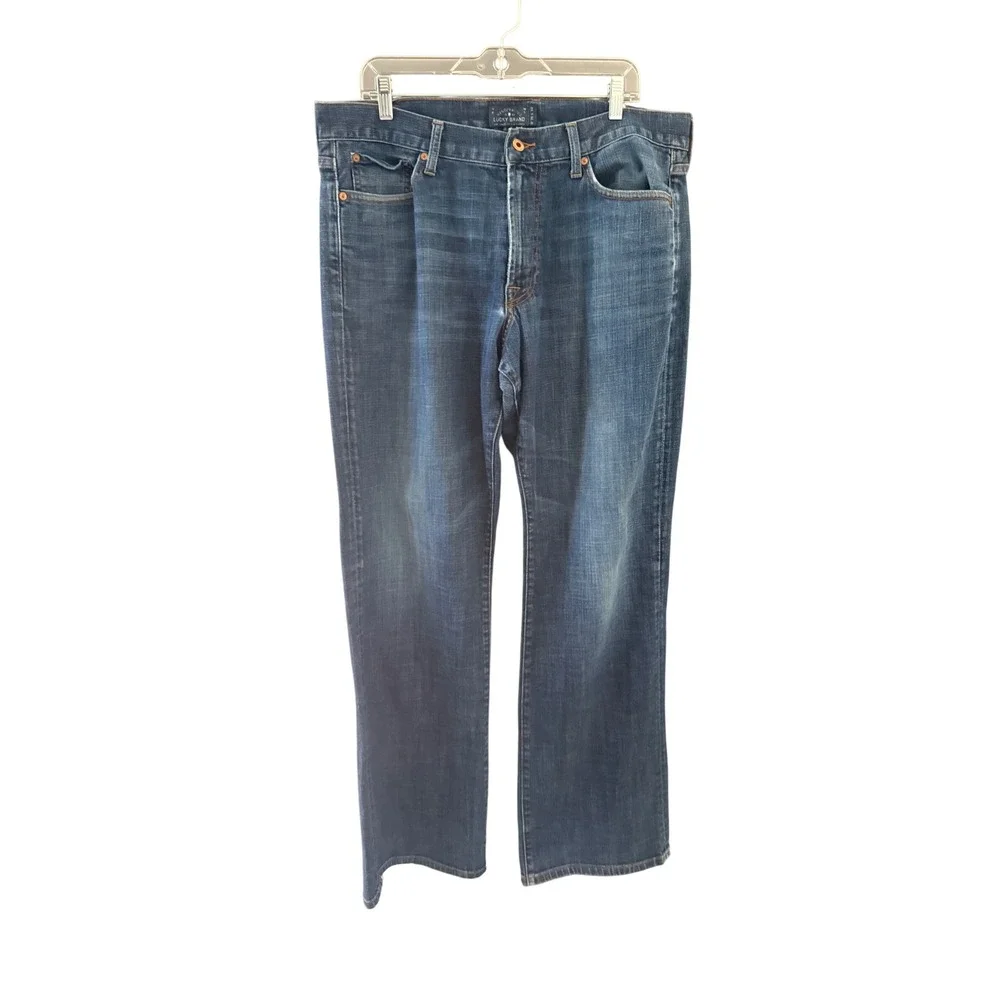 Lucky Brand 455 Relaxed Boot Jeans Mens 36x34 Blue Medium Wash Distressed Hem